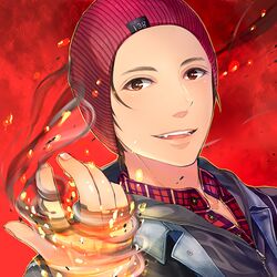  1boy animification beanie brown_eyes commentary_request delsin_rowe forehead hat infamous infamous_second_son looking_at_viewer lowres male_focus open_mouth red_background ritsu_(0015-xxxlxxxr) smoke solo 