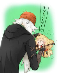  &gt;:3 1boy :3 anger_vein az_(pokemon) beanie biting black_gloves black_legwear blonde_hair chibi coat female fingerless_gloves flying_sweatdrops gloves hat highres hood jewelry key long_hair low-tied_long_hair necklace pokemon serena_(pokemon) size_difference skirt thighhighs translation_request white_hair 