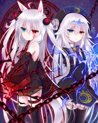  2girls ahoge alice_claudia animal_ears bad_id bad_pixiv_id bell blue_eyes bow chains commentary_request dress fantasy_text garter_straps hat heterochromia jingle_bell long_hair magic mole multiple_girls original red_eyes thighhighs tsukikage_nemu very_long_hair white_hair yves_astroel 