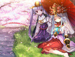  2girls amaterasu_(p&amp;d) androgynous blue_hair cherry_blossoms closed_eyes commentary_request emia_(castilla) grass hair_ornament hakama hakama_skirt japanese_clothes long_hair multiple_girls outdoors petals petals_on_liquid purple_eyes purple_hair puzzle_&amp;_dragons siblings sitting skirt sleeping twintails umbrella vambraces veil yomi_(p&amp;d) 