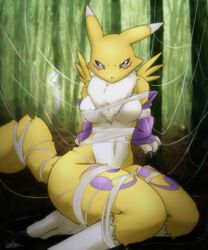  2018 3_fingers 5:6 absurd_res anthro armwear arthropod_webbing bandai_namco belly biped black_sclera blue_eyes bondage bondage bound breasts bridal_gauntlets canid canine clothing detailed_background digimon digimon_(species) digital_media_(artwork) facial_markings female fingers fur hands_behind_back hands_tied head_markings hi_res kemono kneeling legs_tied looking_at_viewer mammal markings mostly_nude nakamura neck_tuft renamon solo spider_web submissive submissive_female thick_thighs tuft web_bondage white_belly white_body white_fur yellow_body yellow_fur 