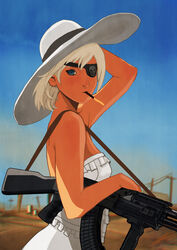  assault_rifle bare_shoulders blue_eyes blue_sky commentary copyright_request cross_(guncross) dress english_commentary eyepatch female food gun hat long_hair mouth_hold pocky rifle short_hair sky solo strap strapless strapless_dress sun_hat sundress weapon 