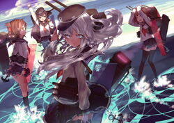  akatsuki_(kancolle) blue_eyes brown_hair gray_hair group hibiki_(kancolle) ikazuchi_(kancolle) inazuma_(kancolle) kantai_collection kneehighs leung_ka_che long_hair red_eyes seifuku short_hair skirt thighhighs water 