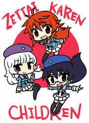  3girls :d akashi_kaoru b.a.b.e.l._uniform beret black_hair black_legwear blush_stickers chan_co chibi commentary_request copyright_name glasses hat long_hair multiple_girls necktie nogami_aoi open_mouth outstretched_arms pleated_skirt purple_eyes red_eyes red_hair sailor_collar sannomiya_shiho skirt smile spread_arms the_children thighhighs uniform white_hair zettai_karen_children 