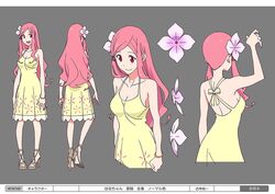  bangs breasts character_sheet cleavage concept_art dress female female flower hair_flower hair_ornament hana-chan_(me!me!me!) high_heels iseki_shuuichi japan_animator_expo long_hair me!me!me! official_art parted_bangs pink_hair red_eyes sandals smile solo spaghetti_strap sundress 