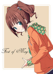  aqua_eyes bad_id bad_pixiv_id brown_hair casual chika_(orange_pop) english_text female green_eyes hood hoodie idolmaster idolmaster_(classic) long_sleeves looking_back short_hair smile solo takatsuki_yayoi twintails 