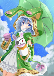  animal_hood blue_eyes blue_hair bow cloud coat commentary_request date_a_live day dress dutch_angle female gloves hand_puppet hood kiichi_(picchi0112) looking_at_viewer puppet rabbit rain short_hair sky smile solo stuffed_animal stuffed_rabbit stuffed_toy umbrella yoshino_(date_a_live) yoshinon 