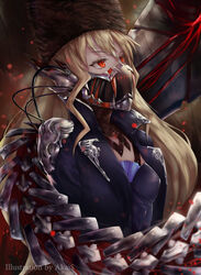  akaisu artist_name blonde_hair blood code_vein commentary english_commentary eyelashes female fur_hat hat highres jacket long_hair looking_up mask mia_karnstein mouth_mask papakha photoshop_(medium) red_eyes solo tail tube vampire 