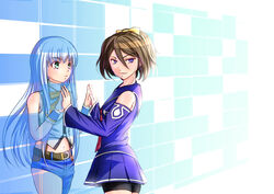  2girls aoki_hagane_no_arpeggio asymmetrical_clothes bare_shoulders belt bike_shorts blue_hair bow breasts buttons checkered commentary_request cosplay costume_switch cowboy_shot denim detached_sleeves earrings from_side frown gradient green_eyes grey_hair hair_between_eyes hairbow holding_hands iona_(aoki_hagane_no_arpeggio) iona_(aoki_hagane_no_arpeggio)_(cosplay) jeans jewelry kirishima_(aoki_hagane_no_arpeggio) kirishima_(aoki_hagane_no_arpeggio)_(cosplay) lace long_hair looking_at_another looking_at_viewer looking_back midriff miniskirt multiple_girls navel necktie pants pleated_skirt poifuru_hana ponytail purple_eyes ribbon school_uniform serafuku shirt short_hair short_ponytail shorts shorts_under_skirt single_pantsleg skirt sleeveless sleeveless_shirt small_breasts smile standing turtleneck very_long_hair wrist_cuffs 