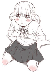  :&lt; blush commentary_request covering_breasts covering_privates female hourou_musuko kneeling monochrome sasa_kanako sawa_jaaji school_uniform short_hair socks solo sweater twintails 