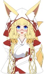  :d amino_dopple animal_ear_fluff animal_ears bell blonde_hair blue_eyes blunt_bangs blush breasts ears_through_headwear female fox_ears fox_tail glasses hair_bell hair_ornament honami_mikura_(amino_dopple) hood hood_up jingle_bell large_breasts long_hair long_sleeves looking_at_viewer low_twintails off_shoulder open_mouth original red-framed_eyewear semi-rimless_eyewear short_eyebrows smile solo tail transparent_background twintails under-rim_eyewear upper_body 