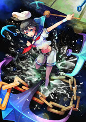  :o anchor bad_id bad_pixiv_id belt black_hair blue_eyes chains commentary_request female hat murasa_minamitsu navel outstretched_arm photoshop_(medium) pos_(shiratama-ya) sailor sailor_hat short_hair solo touhou underwater water 