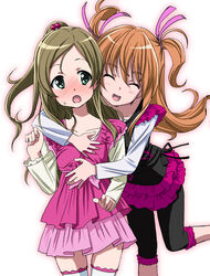  2girls bad_id bad_pixiv_id blush brown_hair capri_pants closed_eyes commentary_request green_eyes half_updo homing_(areya) houjou_hibiki hug long_hair minamino_kanade multiple_girls open_mouth orange_hair pants precure suite_precure thighhighs two_side_up white_background 