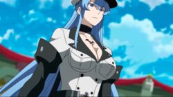  akame_ga_kill! animated animated blue_eyes blue_hair breasts esdeath esdese female hat large_breasts long_hair solo sword tattoo uniform walking weapon 