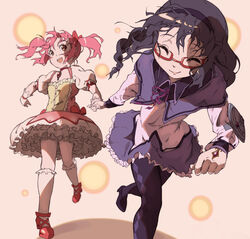  2girls akemi_homura akemi_homura_(magical_girl) bad_id bad_pixiv_id black_hair braid glasses kaname_madoka kaname_madoka_(magical_girl) long_hair mahou_shoujo_madoka_magica mahou_shoujo_madoka_magica_(anime) multiple_girls pantyhose photoshop_(medium) pink_eyes pink_hair red-framed_eyewear short_hair smile touyu twintails 