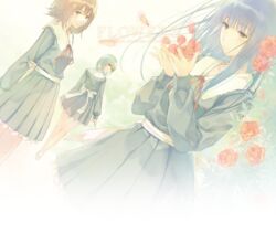  3girls copyright_name flower flowers_(innocent_grey) glasses hair_flower hair_ornament hairclip hanabishi_rikka highres kousaka_mayuri multiple_girls petals ribbon rose school_uniform shirahane_suou short_hair text_focus 