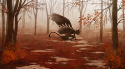  absurd_res ambiguous_gender anthro autumn blackpassion777 crouching dead_tree detailed_background feathered_wings feathers felid fog forest hi_res mammal mystfell outside plant red_theme shrub snow solo spread_wings tail tail_tuft tree tuft wings 