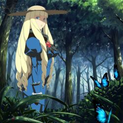  bad_id bad_pixiv_id blonde_hair blue_butterfly blue_eyes bug butterfly cosplay dianna_soreil drill_hair female forest gasora gundam hat kihel_heim kihel_heim_(cosplay) long_hair nature outdoors silk solo spider_web turn_a_gundam 