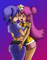  2girls ami_onuki ass ass_grab blush bracelet breasts flower hi_hi_puffy_amiyumi long_hair medium_breasts midriff multiple_girls oddrich open_mouth pink_hair purple_hair saliva short_hair skirt tongue tongue_out yumi_yoshimura yuri 