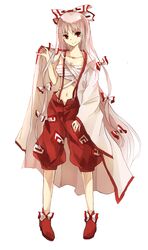  aeolus06 baggy_pants bandages coat commentary_request female fujiwara_no_mokou full_body grey_hair hair_ribbon long_hair pants red_eyes red_footwear ribbon sarashi shoes simple_background solo standing touhou tress_ribbon very_long_hair white_background wide_sleeves 