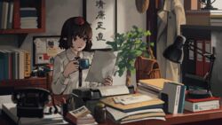  bad_id bad_pixiv_id bag binder black_hair black_necktie book bookmark camera clothes_hanger coat commentary_request cup desk desk_lamp envelope female folder highres holding holding_cup holding_paper indoors jar lamp long_sleeves mikado_(winters) necktie office paper parted_lips pen pencil phone photo_(object) plant pointy_ears printer red_eyes shameimaru_aya shirt short_hair smile solo touhou translation_request white_shirt 