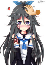  bare_shoulders black_hair blue_neckerchief blue_ribbon blush closed_mouth commentary_request cosplay detached_sleeves disembodied_hand dorei_to_no_seikatsu_~teaching_feeling~ female hair_between_eyes hair_flaps hair_ornament hair_ribbon hairclip hand_on_another&#039;s_head headpat heart heart-shaped_pupils high_ponytail highres kantai_collection long_hair looking_at_viewer motion_lines neckerchief nose_blush parted_bangs ponytail purple_eyes ribbon rocky0206 scar scar_on_face school_uniform serafuku signature simple_background smile solo_focus sylvie_(dorei_to_no_seikatsu) symbol-shaped_pupils upper_body v_arms white_background yamakaze_(kancolle) yamakaze_(kancolle)_(cosplay) 