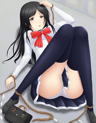  bag black_hair black_thighhighs breasts character_doll commentary_request doll fatal_frame fatal_frame_1 female himuro_kirie hinasaki_mafuyu long_hair medium_breasts original panties pantyshot rope school_uniform shimenawa solo taira_shihito thighhighs underwear white_panties 