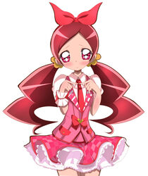  aikatsu! aikatsu!_(series) alternate_costume bow checkered_clothes checkered_skirt commentary_request cosplay female hair_ribbon hanasaki_tsubomi haru_(nature_life) heart heartcatch_precure! hoshimiya_ichigo hoshimiya_ichigo_(cosplay) long_hair necktie pink_bow pink_eyes precure red_hair ribbon simple_background skirt solo twintails white_background 