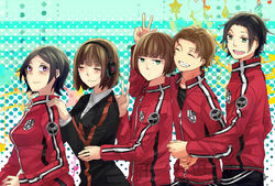  2girls 3boys arashiyama_jun arashiyama_squad&#039;s_uniform arashiyama_unit ayatsuji_haruka black_hair blunt_bangs border_operator_uniform_(world_trigger) brown_hair commentary_request grin jacket kitora_ai multiple_boys multiple_girls satori_ken short_hair smile tokieda_mitsuru uniform usoyana v world_trigger 