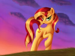  2017 4:3 better_version_at_source cloud cutie_mark equestria_girls equid equine female feral grass green_eyes hair hasbro horn jeki looking_at_viewer mammal multicolored_hair my_little_pony mythological_creature mythological_equine mythology outside plant sky solo sunset_shimmer_(eg) two_tone_hair unicorn unicorn_horn 