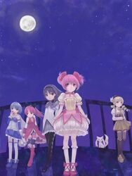  5girls akemi_homura akemi_homura_(magical_girl) apple bag black_eyes black_hair blonde_hair blue_eyes blue_hair cape commentary food fruit full_moon highres kaname_madoka kaname_madoka_(magical_girl) kyuubee magical_girl mahou_shoujo_madoka_magica mahou_shoujo_madoka_magica_(anime) masuchi miki_sayaka miki_sayaka_(magical_girl) moon multiple_girls night night_sky pantyhose pink_eyes pink_hair purple_eyes red_eyes red_hair reflection sakura_kyoko sakura_kyoko_(magical_girl) shoes shopping_bag sky standing strapless thighhighs tomoe_mami tomoe_mami_(magical_girl) white_cape yellow_eyes 