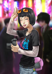  :d black_hair blush bob_cut bottle camera closed_eyes collarbone cowboy_shot denim eyewear_on_head female fingernails layered_clothing lipstick long_sleeves makeup ohya_ichiko open_mouth otk_king persona persona_5 pouch shirt short_hair smile solo_focus sunglasses sunglasses_on_head water_bottle 