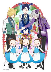  3boys 3girls :d ^_^ alice_(alice_in_wonderland) alice_(alice_in_wonderland)_(cosplay) alice_in_wonderland animal_ears apron bad_id bad_pixiv_id basket black_hair blonde_hair blue_gloves bolo_tie bow brown_eyes brown_hair candy card cat_ears cat_tail chair cheshire_cat_(alice_in_wonderland) cheshire_cat_(alice_in_wonderland)_(cosplay) closed_eyes commentary_request cosplay dress epaulettes flower food formal gloves green_eyes grey_hair hair_bun hair_over_one_eye hairbow hand_in_pocket hat highres holding_hands katsuki_yuuri mad_hatter_(alice_in_wonderland) mad_hatter_(alice_in_wonderland)_(cosplay) march_hare_(alice_in_wonderland) march_hare_(alice_in_wonderland)_(cosplay) mini_hat mini_top_hat monocle multiple_boys multiple_girls nishigoori_axel nishigoori_loop nishigoori_lutz open_mouth pantyhose pink_gloves playing_card ponytail purple_gloves rabbit_ears rose siblings single_hair_bun sisters skirt_hold smile suit table tail takezaki_(artist) top_hat triplets twintails viktor_nikiforov white_legwear yuri!!!_on_ice yuri_plisetsky 