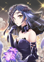  bad_id bad_pixiv_id bare_shoulders black_dress black_gloves blue_hair blush breasts collarbone commentary_request dress earrings elbow_gloves female flower fur_collar gloves hayami_kanade idolmaster idolmaster_cinderella_girls jewelry looking_at_viewer medium_breasts narumizg short_hair solo sparkle strapless strapless_dress upper_body veil yellow_eyes 