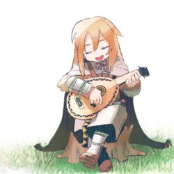  1boy :d bad_id bad_twitter_id bard_(sekaiju) bard_1_(sekaiju) boots bracer brown_footwear brown_hair cape closed_eyes crossed_legs facing_viewer grass head_tilt holding holding_instrument inactive_account instrument long_hair long_sleeves male_focus music open_mouth playing_instrument reiesu_(reis) sekaiju_no_meikyuu sekaiju_no_meikyuu_1 simple_background smile solo white_background 