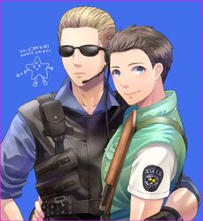  2boys albert_wesker blonde_hair blue_eyes brown_hair chris_redfield commentary_request multiple_boys resident_evil resident_evil_1 ritsu_(0015-xxxlxxxr) sunglasses vest 