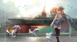  aircraft animal anthro bird black_eyes blonde_hair boat bra breasts cleavage clouds combat_vehicle hat lexington long_hair magician_(artist) shorts thighhighs underwear uniform zettai_ryouiki zhanjian_shaonu 