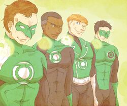  4boys black_hair bodysuit brown_hair dark_skin dc_comics domino_mask gloves green_lantern green_lantern_(series) guy_gardner hal_jordan jewelry john_stewart kyle_rayner male male_focus mask multiple_boys orange_hair ring tetu 