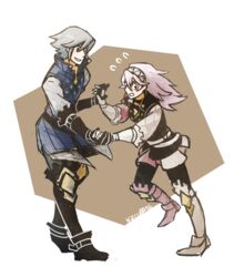  1boy 2016 armor armored_boots artist_name azur_(fire_emblem) boots dancing european_clothes father_and_daughter female fire_emblem fire_emblem_if green_hair highres killuba long_sleeves pink_hair signature simple_background soleil_(fire_emblem_if) 