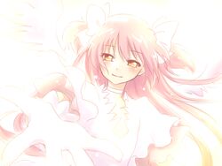  commentary_request female hana_azuki kaname_madoka long_hair magical_girl mahou_shoujo_madoka_magica mahou_shoujo_madoka_magica_(anime) simple_background smile solo spoilers two_side_up ultimate_madoka 