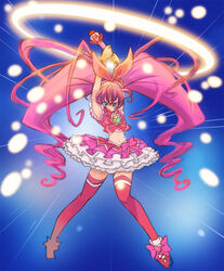  armpits arms_up blue_background blue_eyes bow brooch commentary_request cure_melody curly_hair dress female frills full_body hair_ribbon highres houjou_hibiki jewelry long_hair magic magical_girl midriff miracle_belltier navel no_mouth okera photoshop_(medium) pink_bow pink_hair precure red_thighhighs ribbon shoes solo suite_precure thighhighs twintails wand zettai_ryouiki 