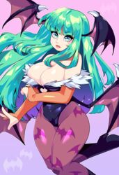  animal_print bat_print bat_wings breasts bridal_gauntlets cleavage clothing_cutout commentary_request demon_girl female green_hair head_wings heart_cutout highres leotard long_hair low_wings morrigan_aensland pantyhose print_pantyhose purple_pantyhose purple_wings queen_ashi solo vampire_(game) wings 