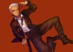  1boy archer_(fate) commentary_request dark-skinned_male dark_skin fate/stay_night fate_(series) formal furon_(froon) grey_eyes gun hair_slicked_back lying male_focus on_side red_background solo suit weapon white_hair 