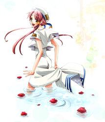  aria_(manga) aria_company_uniform blouse commentary_request dress female hair_tubes kagura_(anomalo-anima) long_dress looking_back mizunashi_akari open_mouth petals pink_hair sailor_collar shirt short_hair_with_long_locks short_sleeves sidelocks skirt_hold solo uniform wading water white_dress white_shirt 