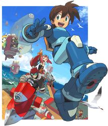  3boys 3girls aero_(mega_man) aircraft airship armor barrett_(mega_man) bird brown_hair building cloud crotch_plate data_(mega_man) detached_sleeves goggles green_eyes ishikawa_hideki mega_man_(series) mega_man_legends_(series) mega_man_legends_3 mega_man_volnutt multiple_boys multiple_girls official_art pink_hair red_hair roll_caskett_(mega_man) seagull servbot_(mega_man) sky teisel_bonne_(mega_man) tron_bonne_(mega_man) water 