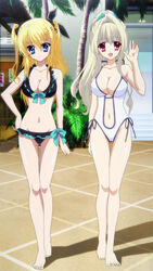  2girls anime_screenshot barefoot bikini blonde_hair blue_eyes breasts cleavage da_capo da_capo_iii feet highres large_breasts long_hair long_legs morizono_rikka multiple_girls photoshop_(medium) red_eyes smile stitched swimsuit third-party_edit twintails very_long_hair yoshino_charles 