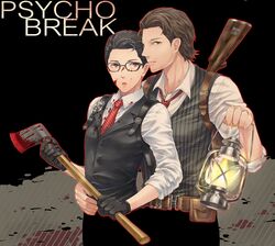  2boys axe badge black_hair blood blood_on_face blood_on_weapon brown_hair commentary_request facial_hair glasses gloves joseph_oda lantern male_focus multiple_boys necktie ritsu_(0015-xxxlxxxr) sebastian_castellanos stubble the_evil_within vest waistcoat weapon 