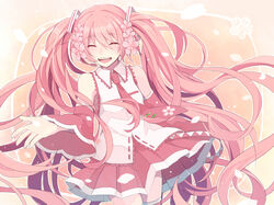  closed_eyes commentary_request detached_sleeves female flower hair_flower hair_ornament hatsune_miku headset hoshiyui_tsukino long_hair necktie open_mouth pink_hair sakura_miku skirt solo thighhighs twintails very_long_hair vocaloid 