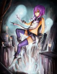  aionlights boots borrowed_character candle commentary commission english_commentary female floating full_body ghost gloves green_eyes isabelle_(acerailgun) navel original purple_hair short_shorts shorts signature solo thighhighs tongue tongue_out watermark web_address 