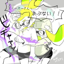  1boy behind_another bike_shorts blush bobblehat bubble bubbler_(splatoon) check_translation commentary_request female glasses green_hair hat inkling inkling_boy inkling_girl inkling_player_character lowres nana_(raiupika) scared short_ponytail sidelocks splatoon_(series) splatoon_1 tearing_up tentacle_hair translation_request 